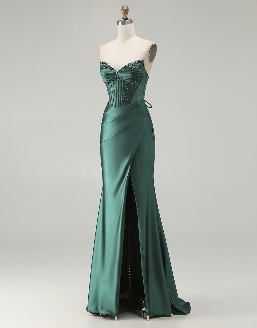Sparkly Dark Green Mermaid Beaded Corset Long Prom Dress with Slit