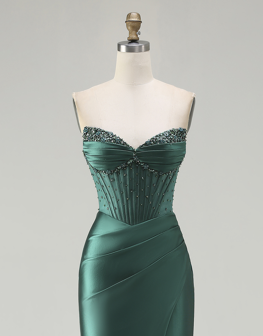 Sparkly Dark Green Mermaid Beaded Corset Long Prom Dress with Slit