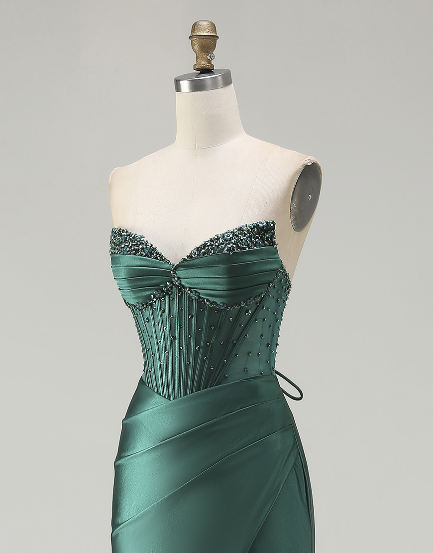 Sparkly Dark Green Mermaid Beaded Corset Long Prom Dress with Slit