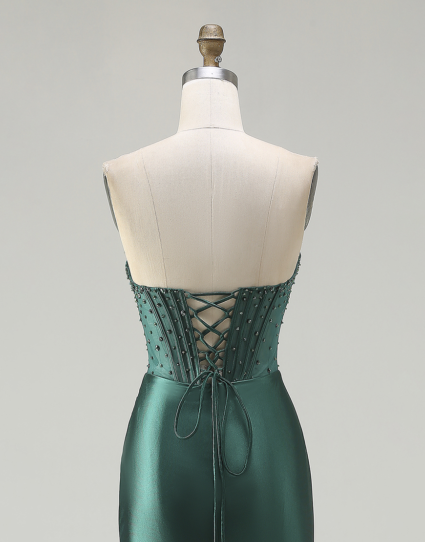 Sparkly Dark Green Mermaid Beaded Corset Long Prom Dress with Slit