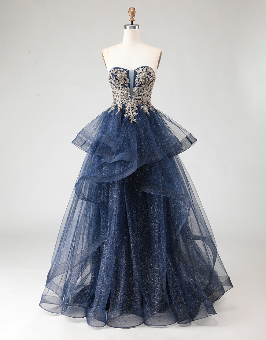 Sparkly Floral Navy Ruffled Princess Long A Line Prom Dress with Appliques