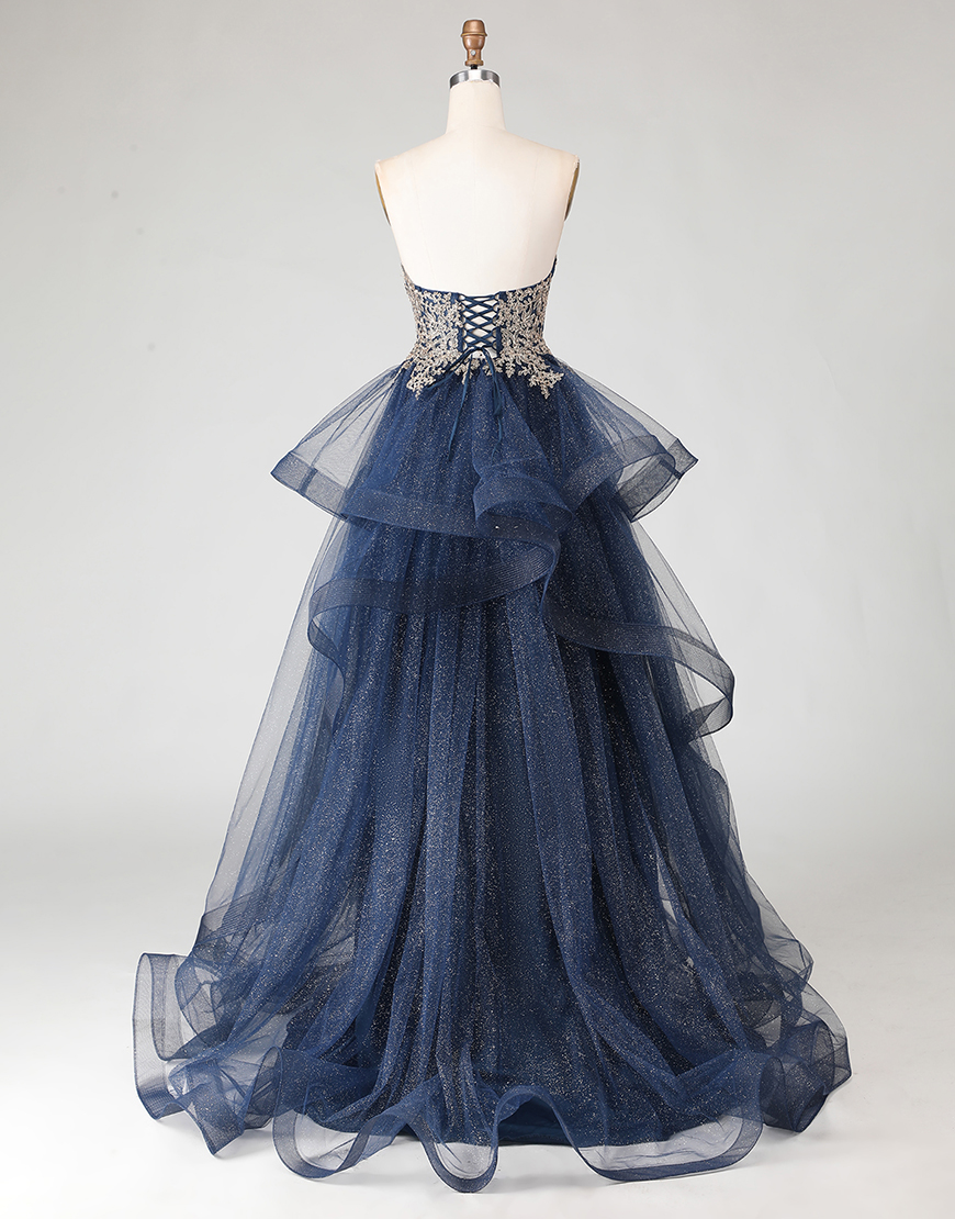 Sparkly Floral Navy Ruffled Princess Long A Line Prom Dress with Appliques