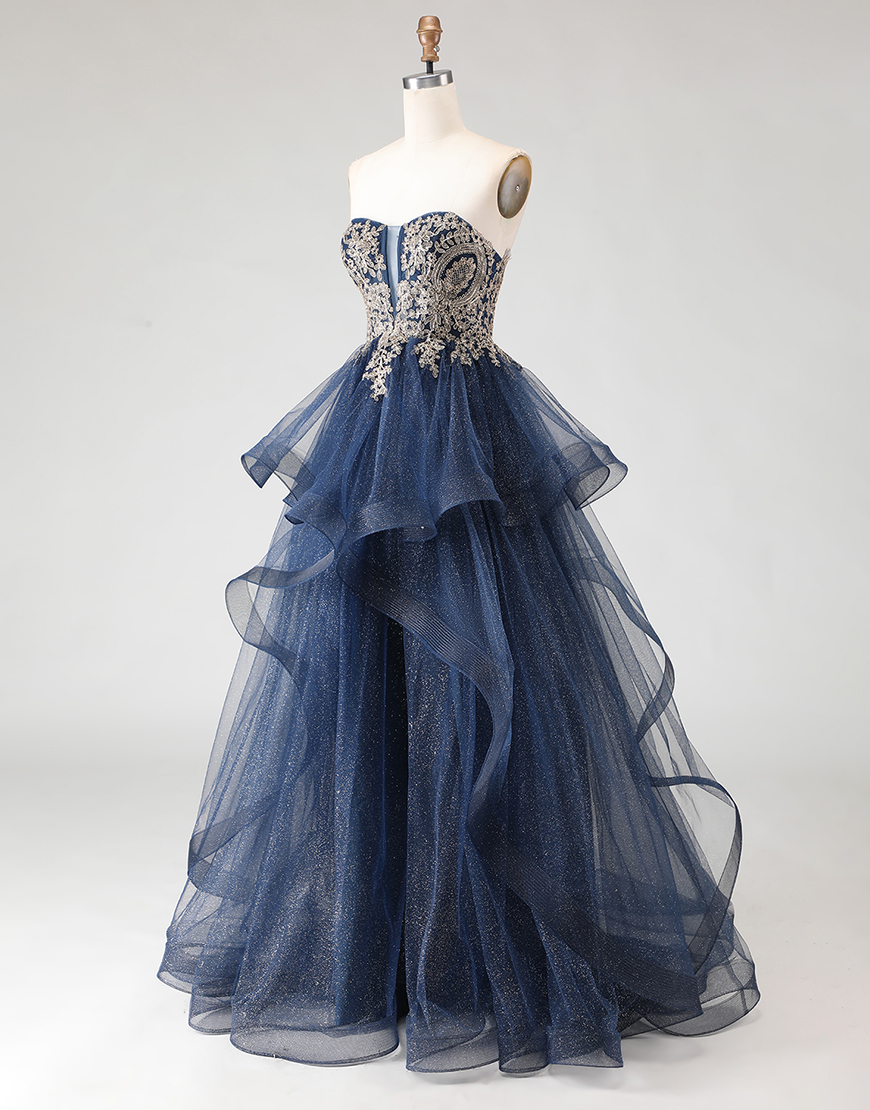 Sparkly Floral Navy Ruffled Princess Long A Line Prom Dress with Appliques