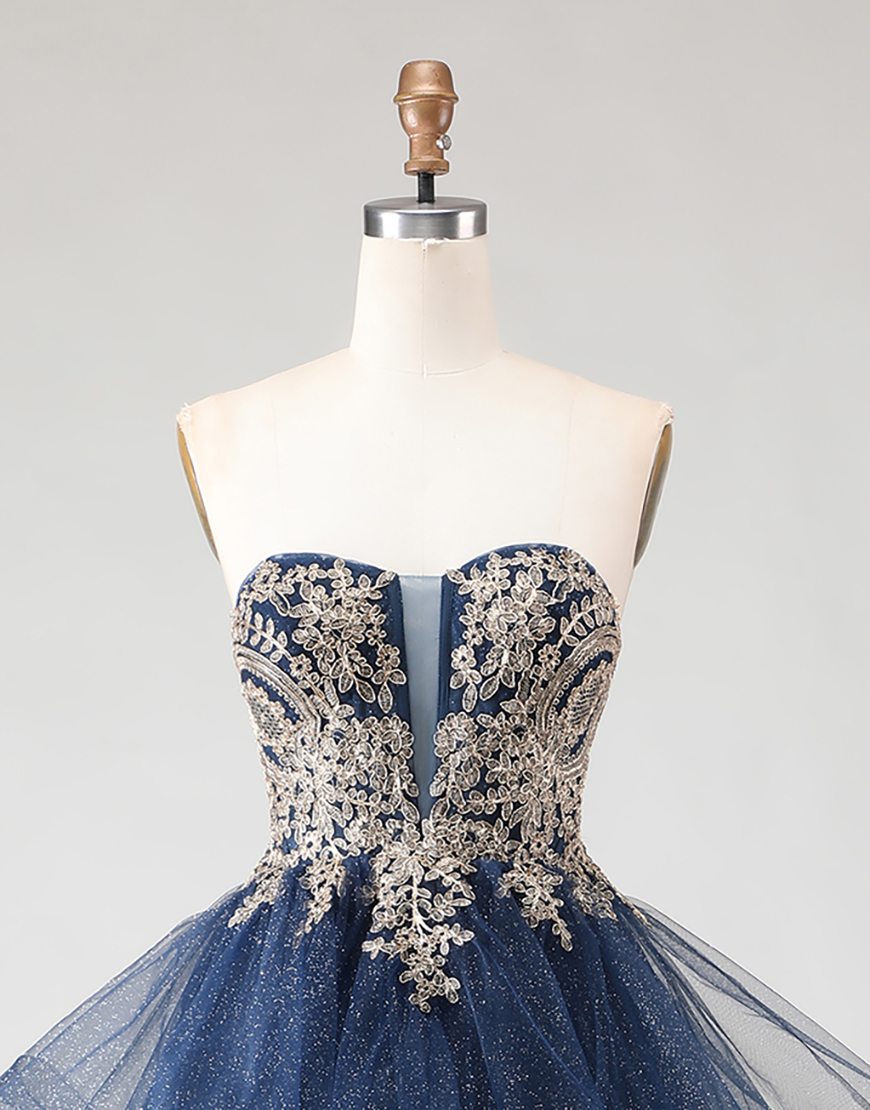 Sparkly Floral Navy Ruffled Princess Long A Line Prom Dress with Appliques