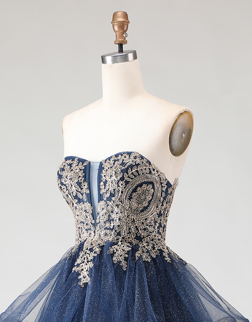 Sparkly Floral Navy Ruffled Princess Long A Line Prom Dress with Appliques