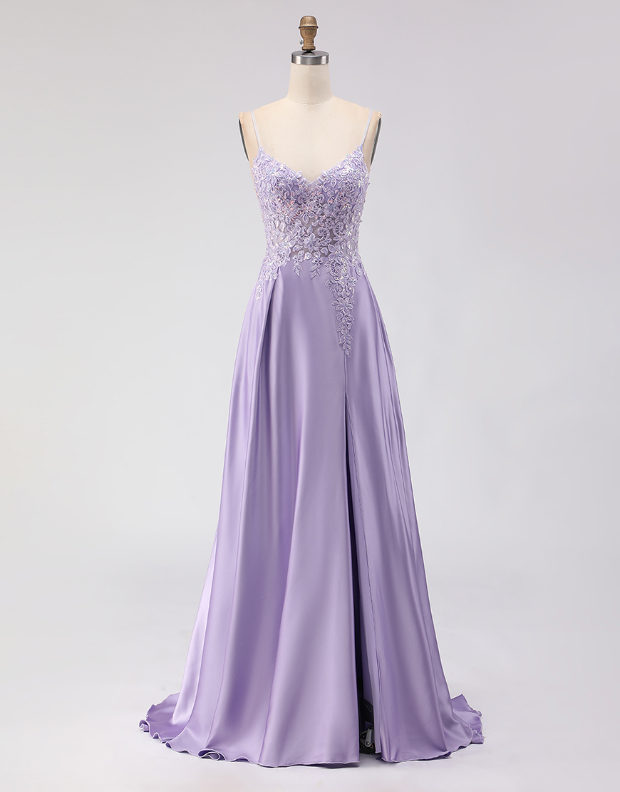 Berlinnova Women Sparkly Purple Satin Appliqued Long Prom Dress with Slit Floral A Line Spaghetti Straps Lace Up Back Pageant Dress with Sequins
