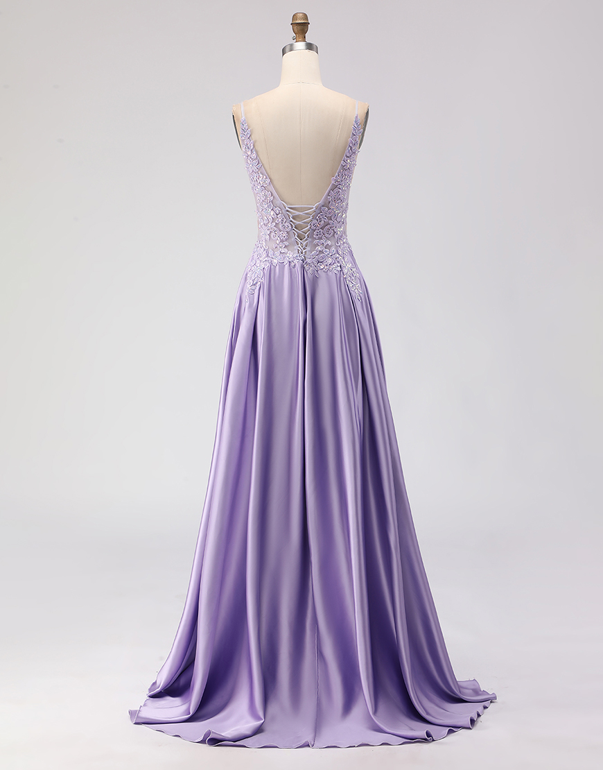 Sparkly Purple Satin A Line Appliqued Long Prom Dress with Slit