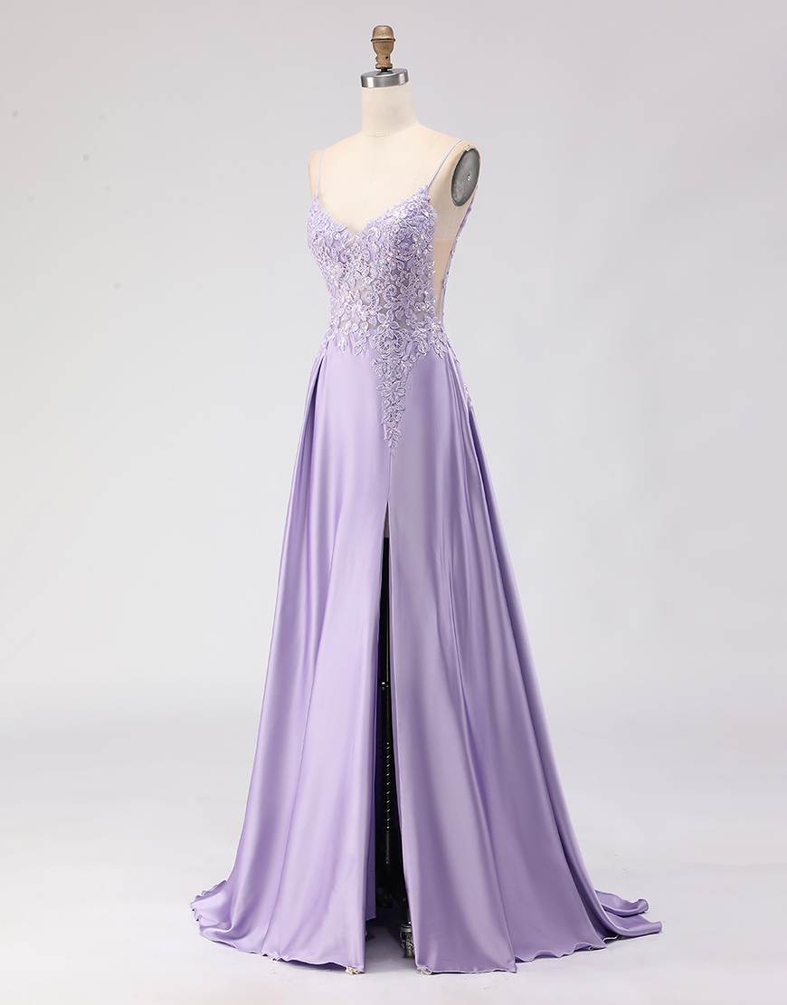Sparkly Purple Satin A Line Appliqued Long Prom Dress with Slit