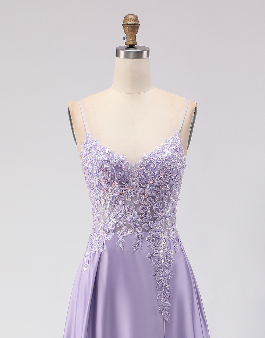 Sparkly Purple Satin A Line Appliqued Long Prom Dress with Slit