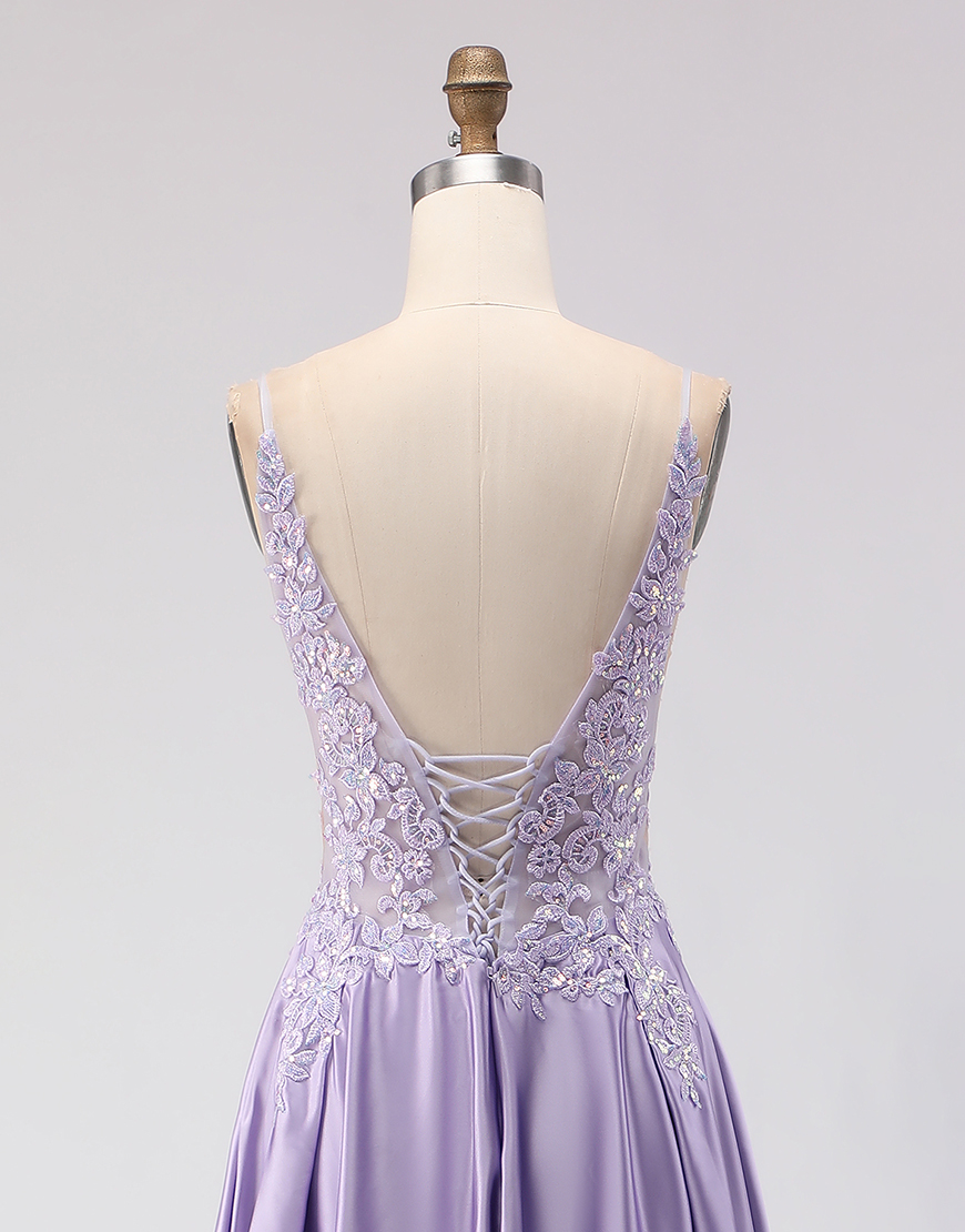 Sparkly Purple Satin A Line Appliqued Long Prom Dress with Slit