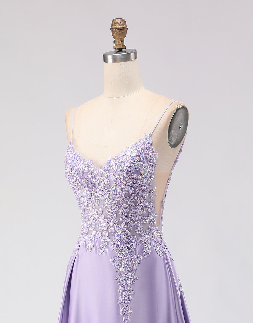Sparkly Purple Satin A Line Appliqued Long Prom Dress with Slit