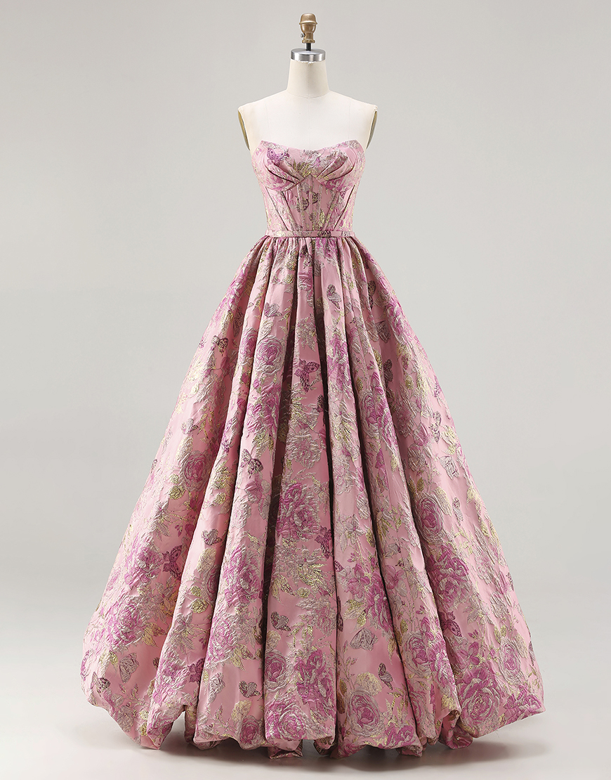 Floral Pink Corset Jacquard Strapless Long A Line Prom Dress