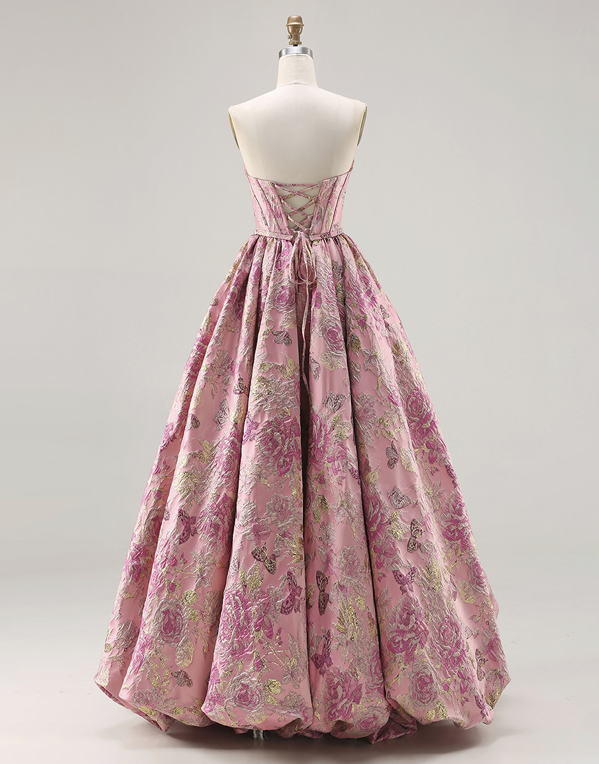Floral Pink Corset Jacquard Strapless Long A Line Prom Dress
