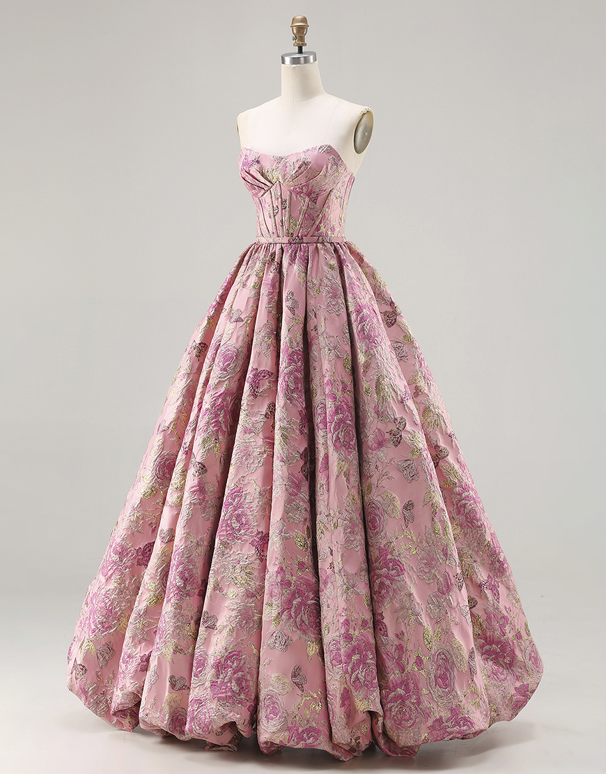 Floral Pink Corset Jacquard Strapless Long A Line Prom Dress