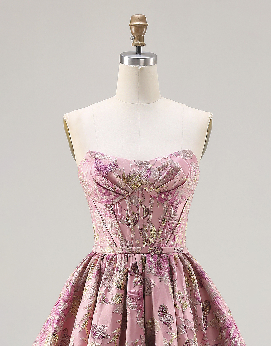 Floral Pink Corset Jacquard Strapless Long A Line Prom Dress
