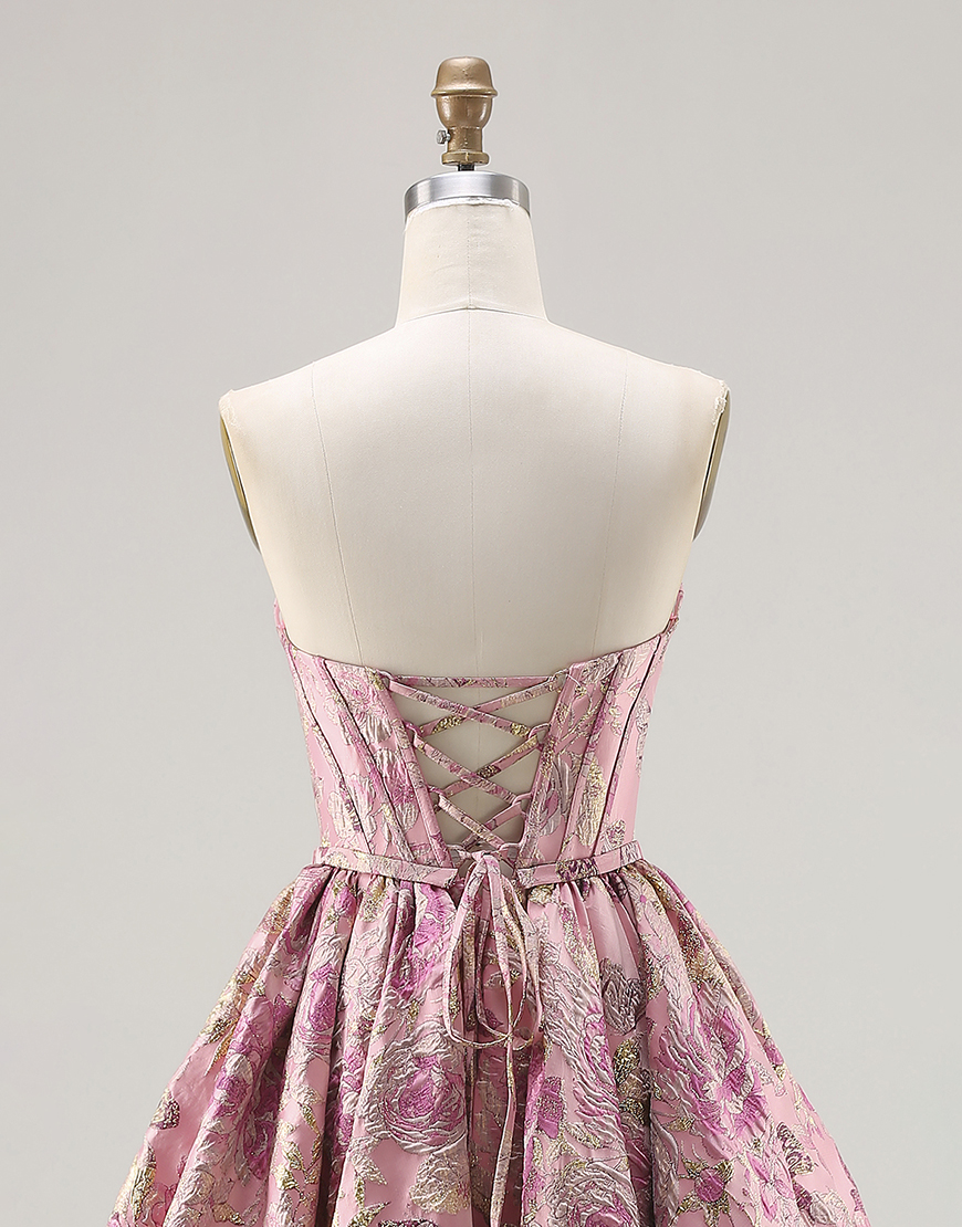 Floral Pink Corset Jacquard Strapless Long A Line Prom Dress
