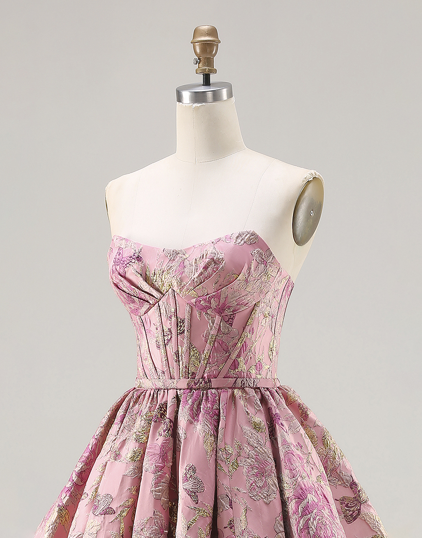 Floral Pink Corset Jacquard Strapless Long A Line Prom Dress