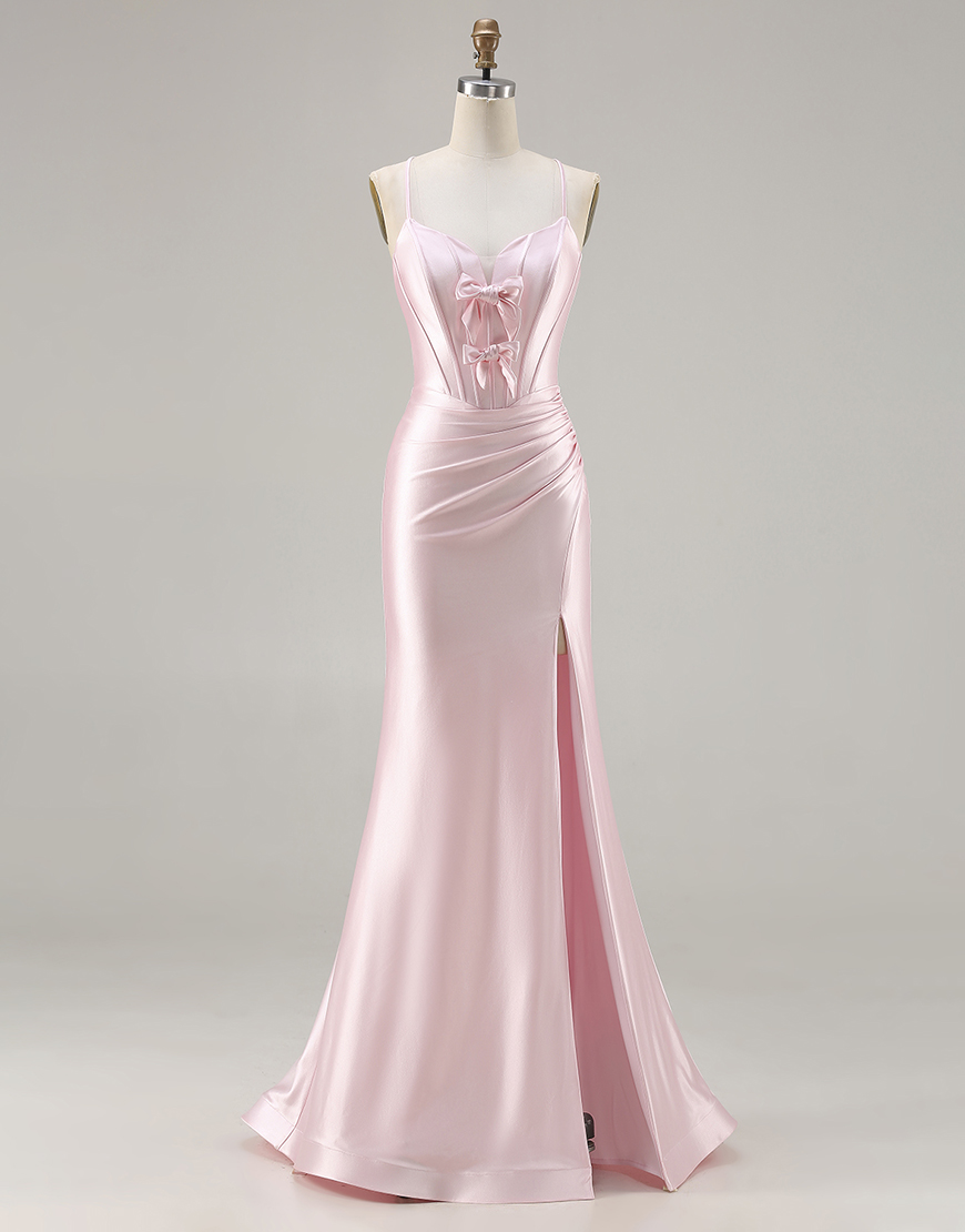 Sparkly Pink Corset Satin Ruched Long Mermaid Prom Dress with Bows
