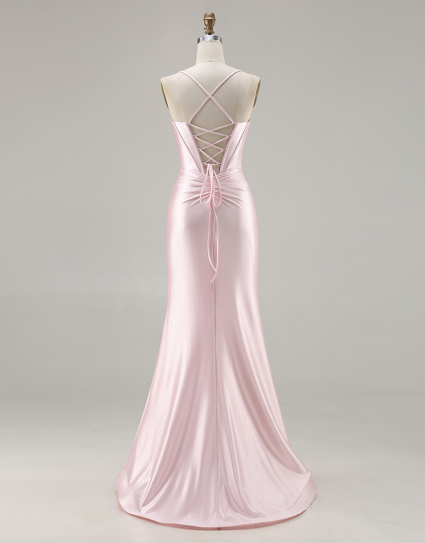 Sparkly Pink Corset Satin Ruched Long Mermaid Prom Dress with Bows