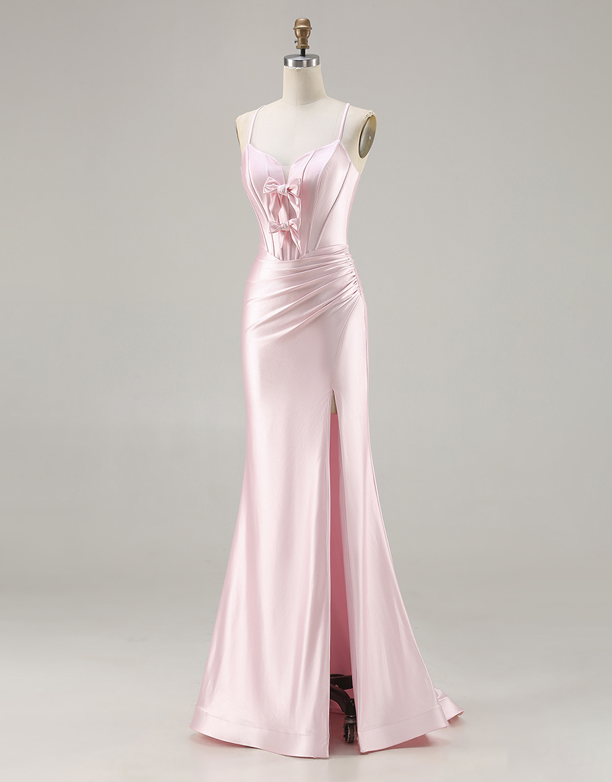 Sparkly Pink Corset Satin Ruched Long Mermaid Prom Dress with Bows