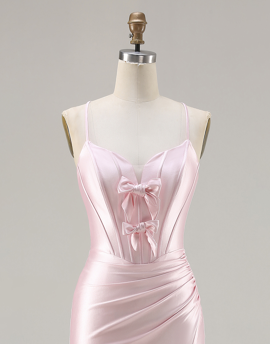 Sparkly Pink Corset Satin Ruched Long Mermaid Prom Dress with Bows