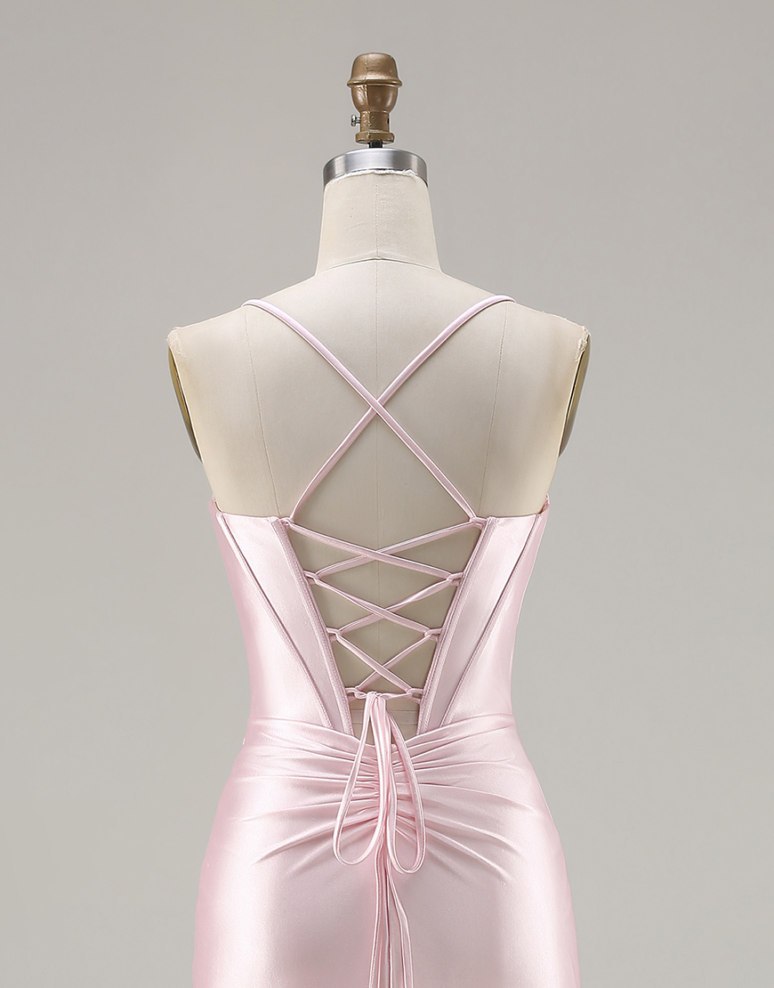 Sparkly Pink Corset Satin Ruched Long Mermaid Prom Dress with Bows