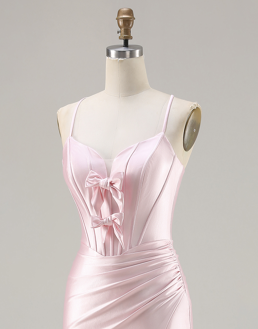 Sparkly Pink Corset Satin Ruched Long Mermaid Prom Dress with Bows