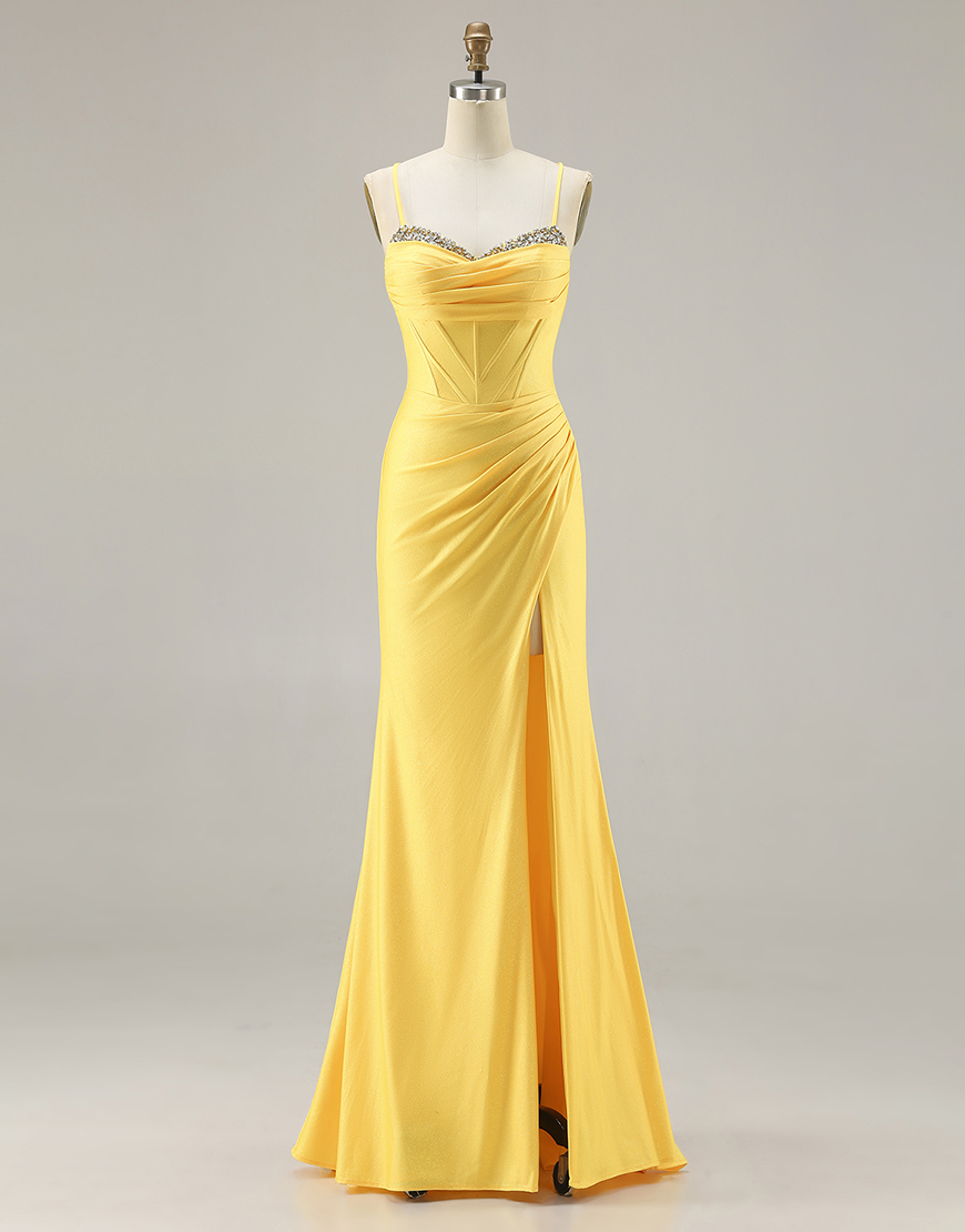 Sparkly Yellow Corset Ruched Long Mermaid Prom Dress with Beading