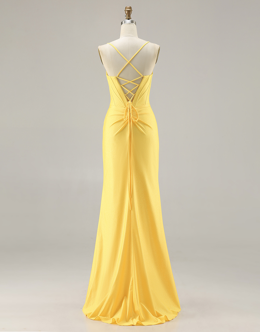 Sparkly Yellow Corset Ruched Long Mermaid Prom Dress with Beading