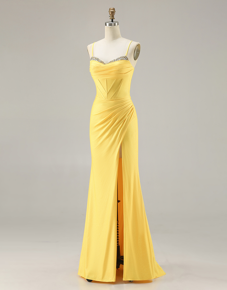 Sparkly Yellow Corset Ruched Long Mermaid Prom Dress with Beading