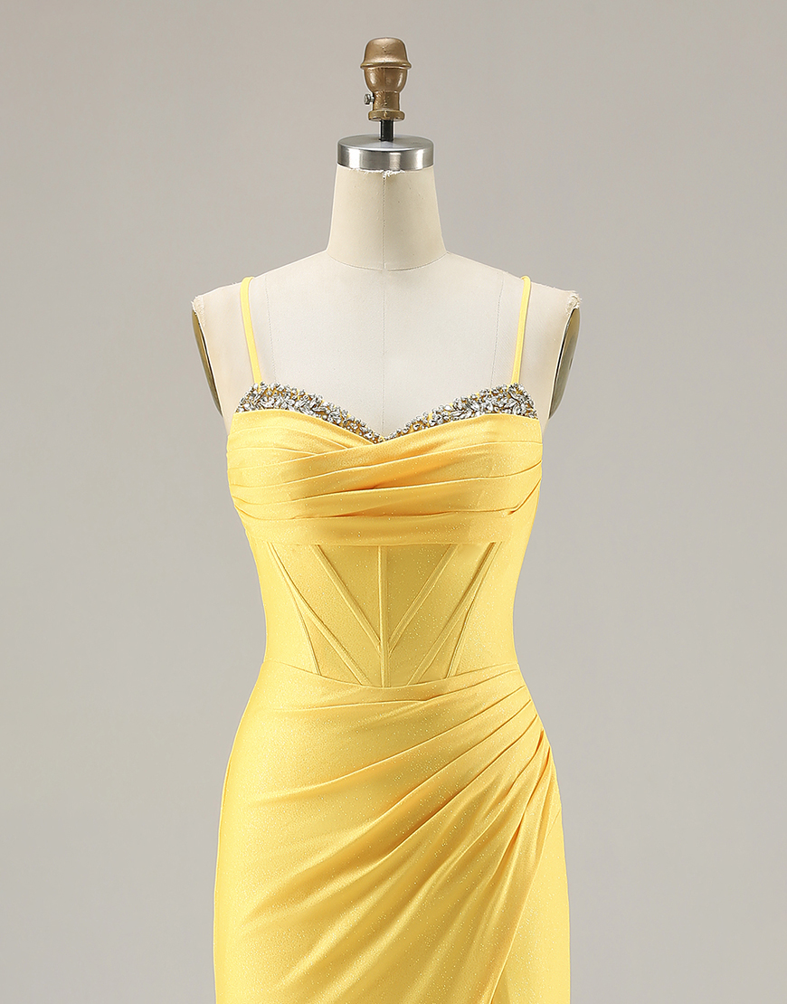 Sparkly Yellow Corset Ruched Long Mermaid Prom Dress with Beading