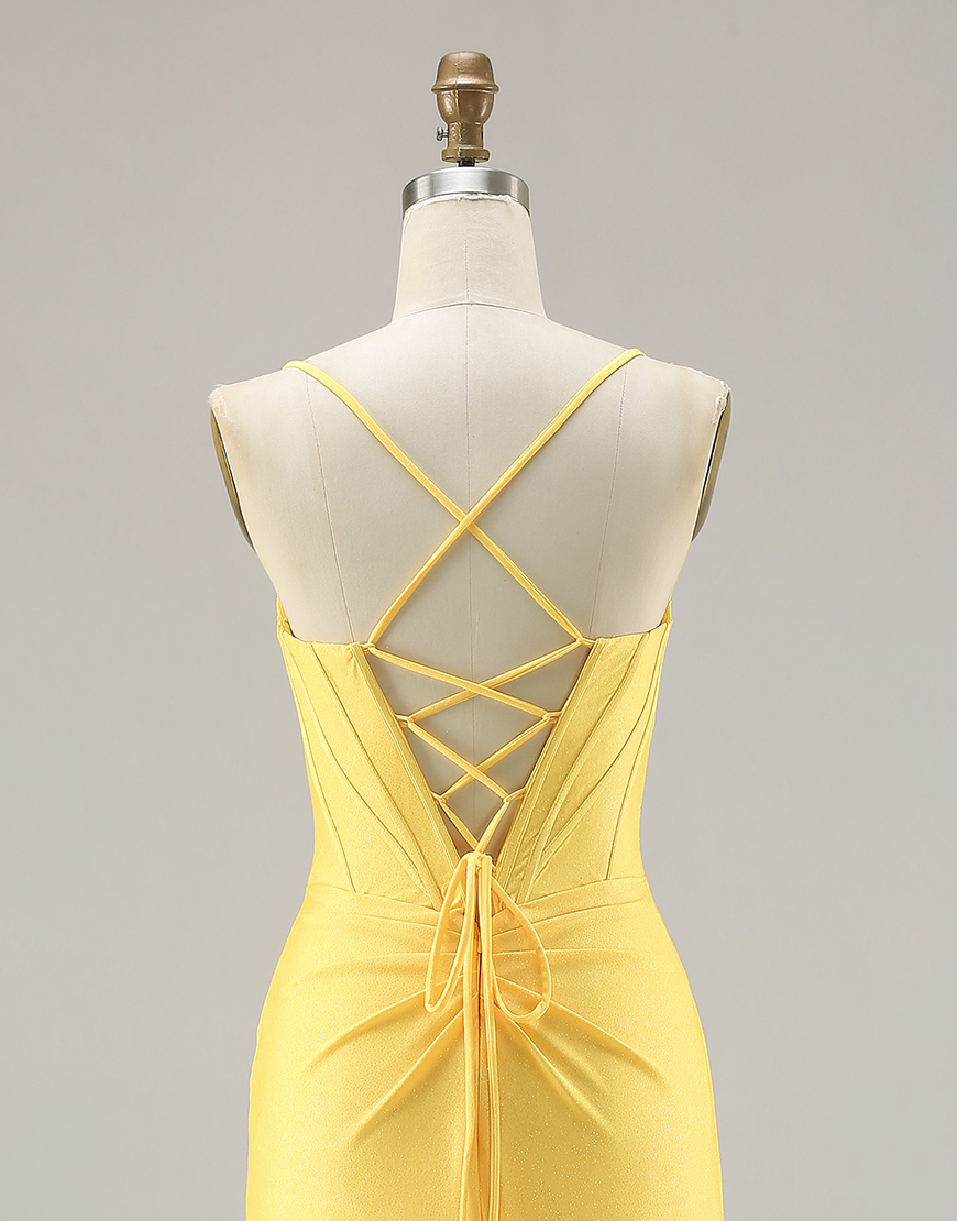 Sparkly Yellow Corset Ruched Long Mermaid Prom Dress with Beading