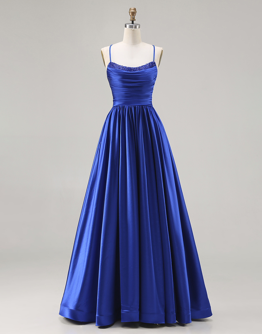 Royal Blue Satin A Line Spaghetti Straps Long Prom Dress with Beading