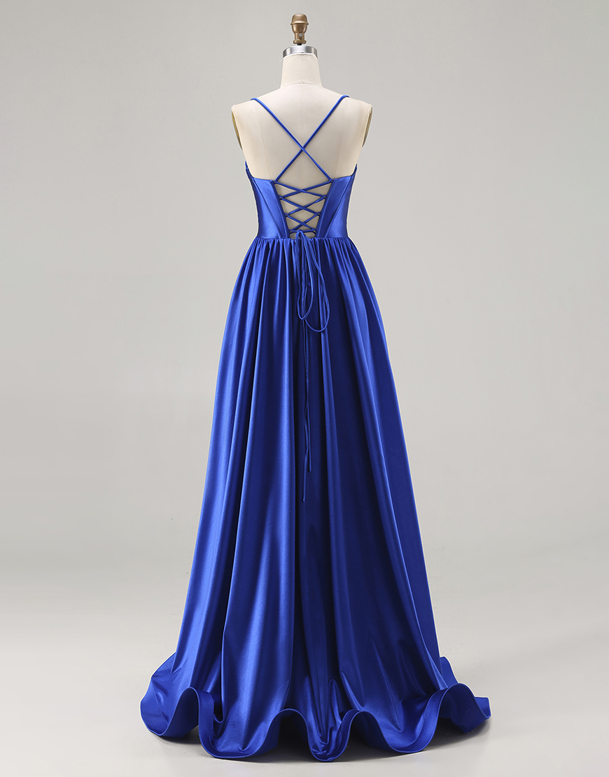 Royal Blue Satin A Line Spaghetti Straps Long Prom Dress with Beading