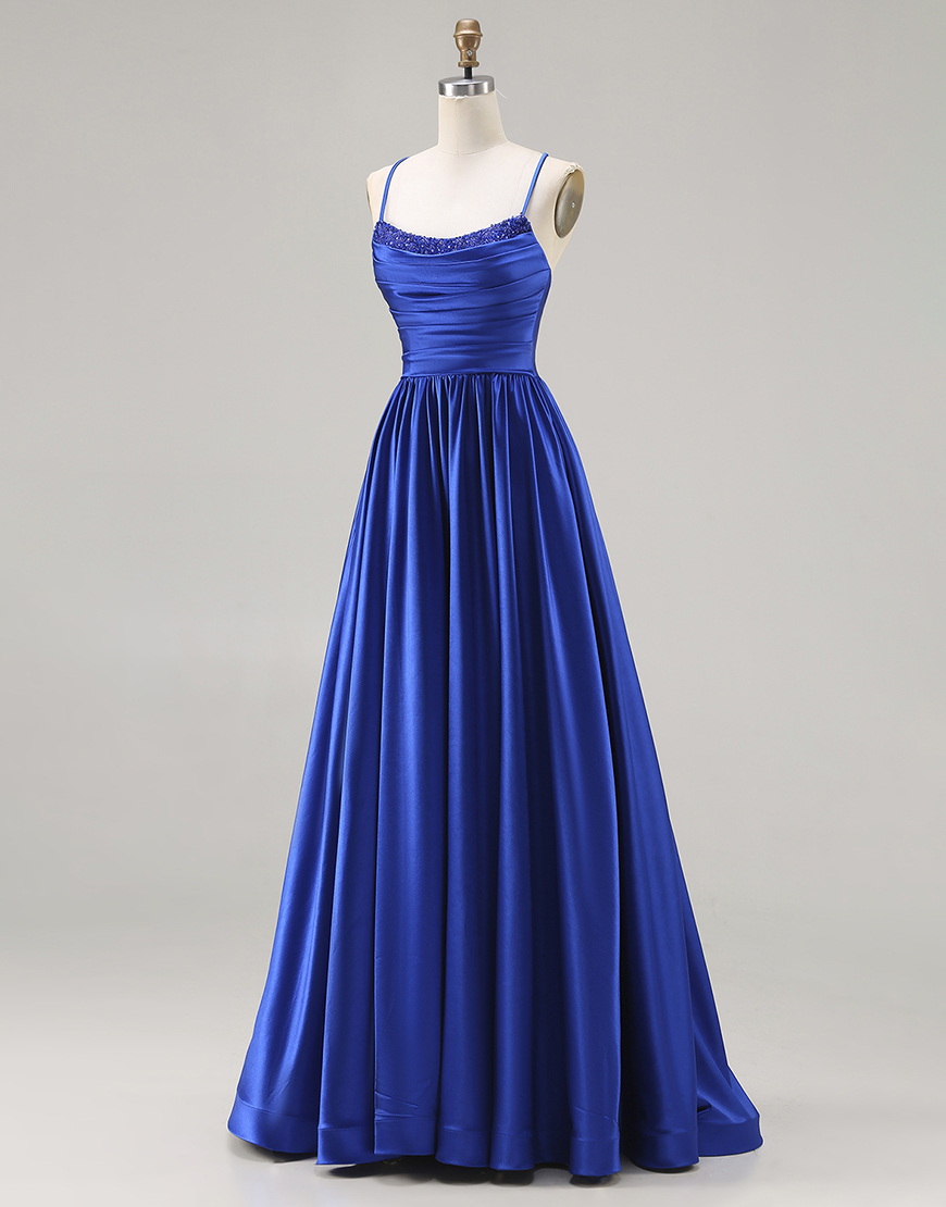 Royal Blue Satin A Line Spaghetti Straps Long Prom Dress with Beading