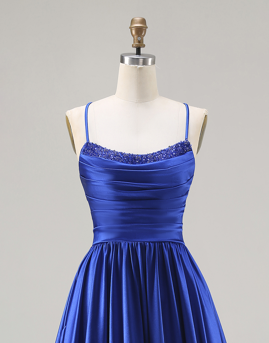Royal Blue Satin A Line Spaghetti Straps Long Prom Dress with Beading