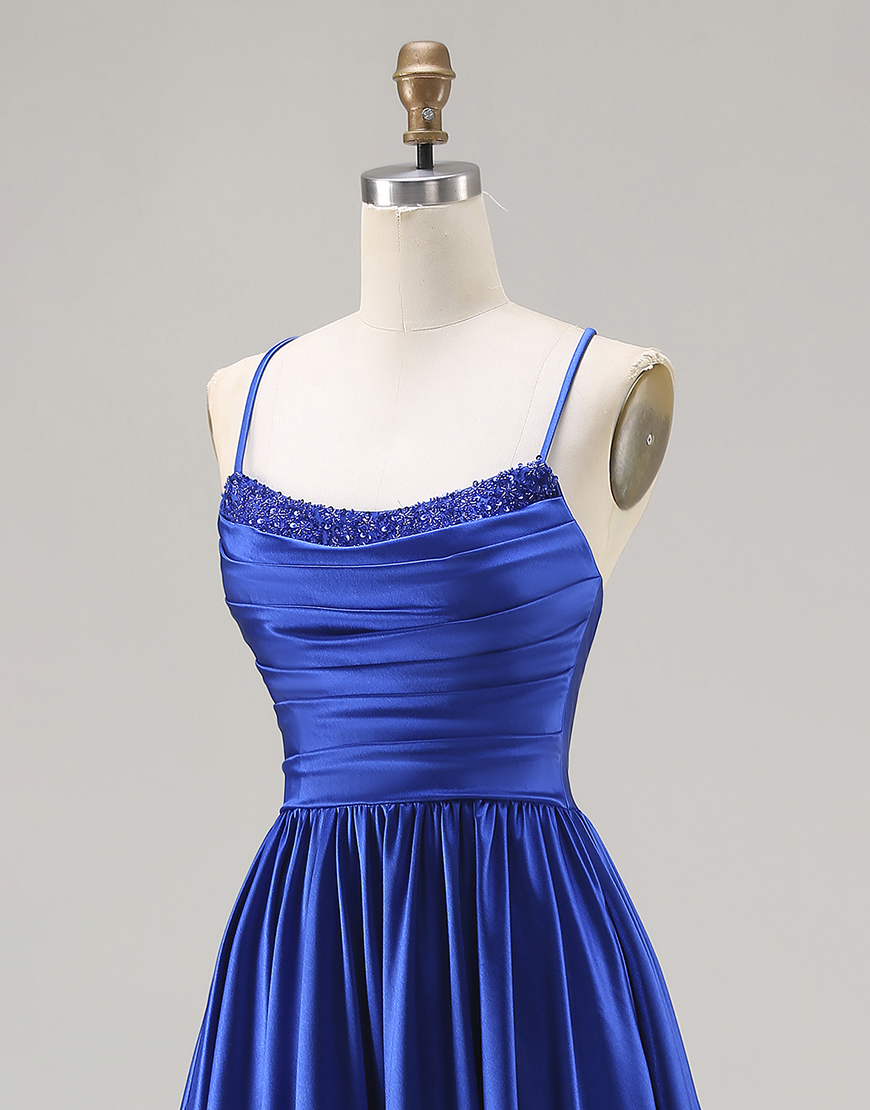 Royal Blue Satin A Line Spaghetti Straps Long Prom Dress with Beading