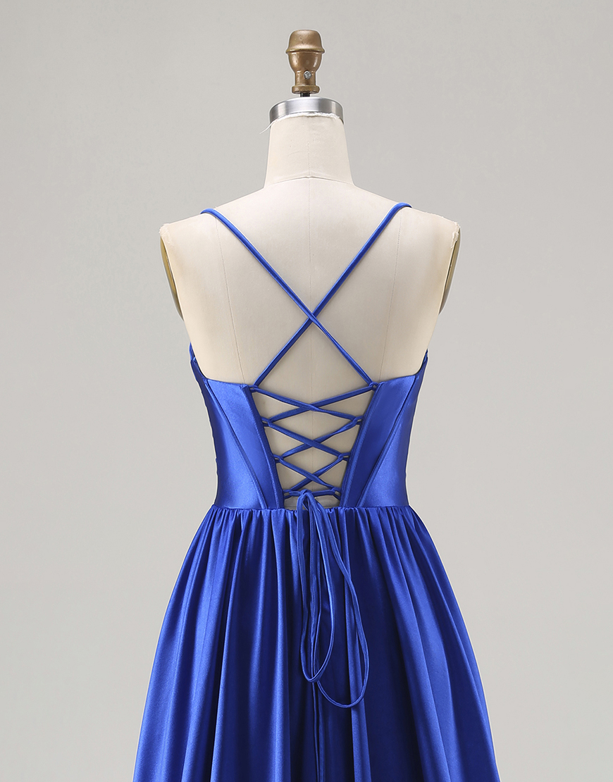Royal Blue Satin A Line Spaghetti Straps Long Prom Dress with Beading