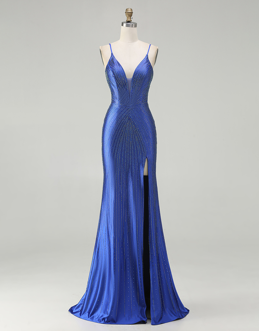 Sparkly Royal Blue Beaded Mermaid Long Satin Prom Dress with Slit