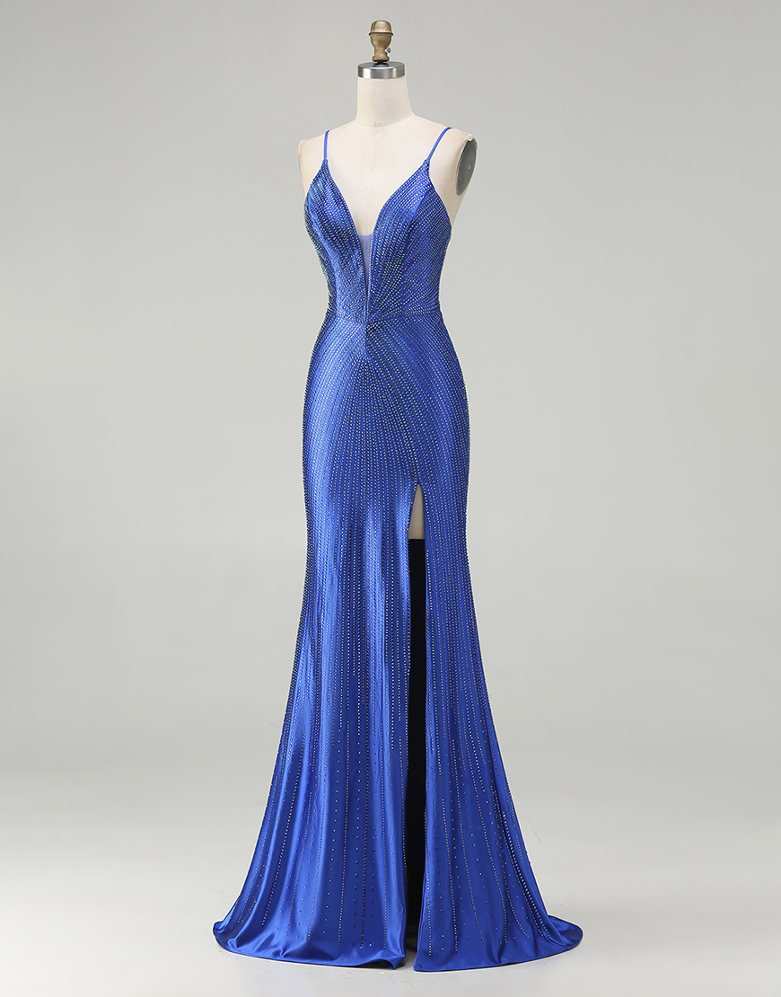 Sparkly Royal Blue Beaded Mermaid Long Satin Prom Dress with Slit