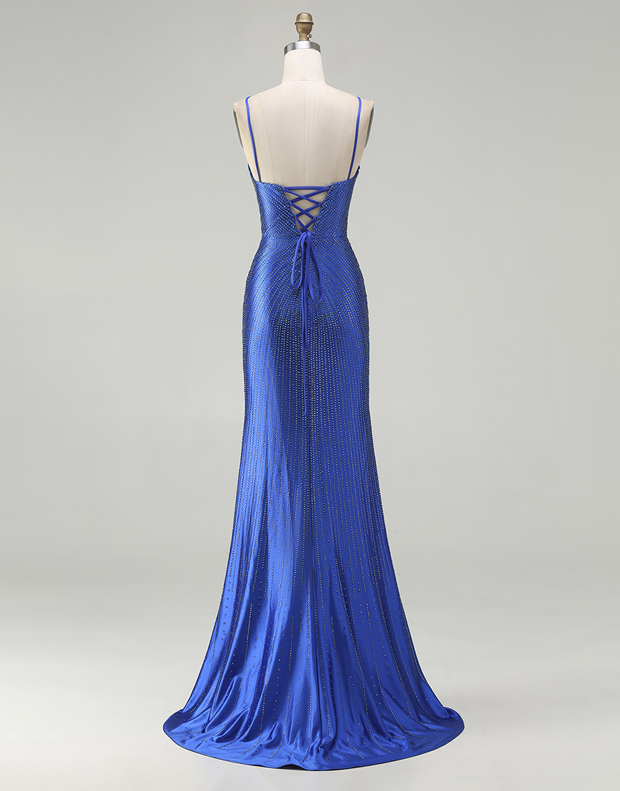 Sparkly Royal Blue Beaded Mermaid Long Satin Prom Dress with Slit