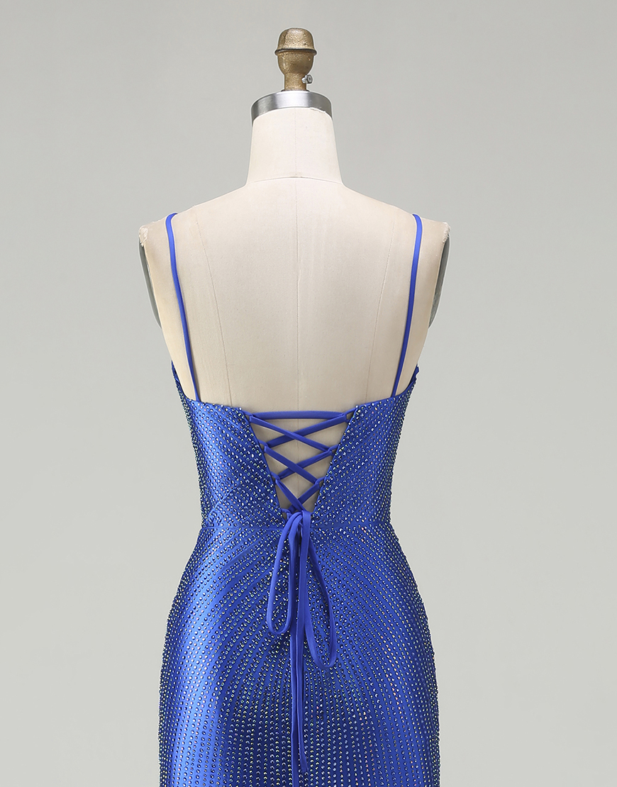 Sparkly Royal Blue Beaded Mermaid Long Satin Prom Dress with Slit