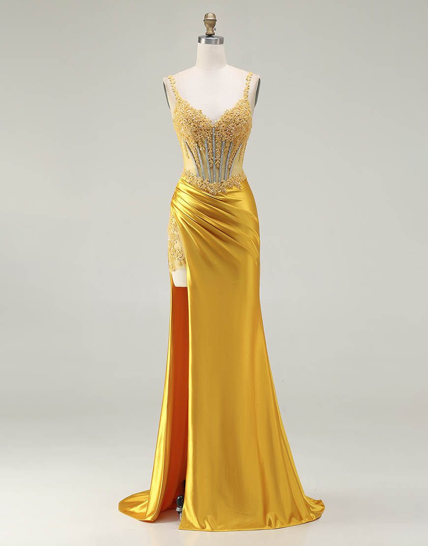 Sparkly Yellow Mermaid Corset Ruched Long Satin Prom Dress with Slit