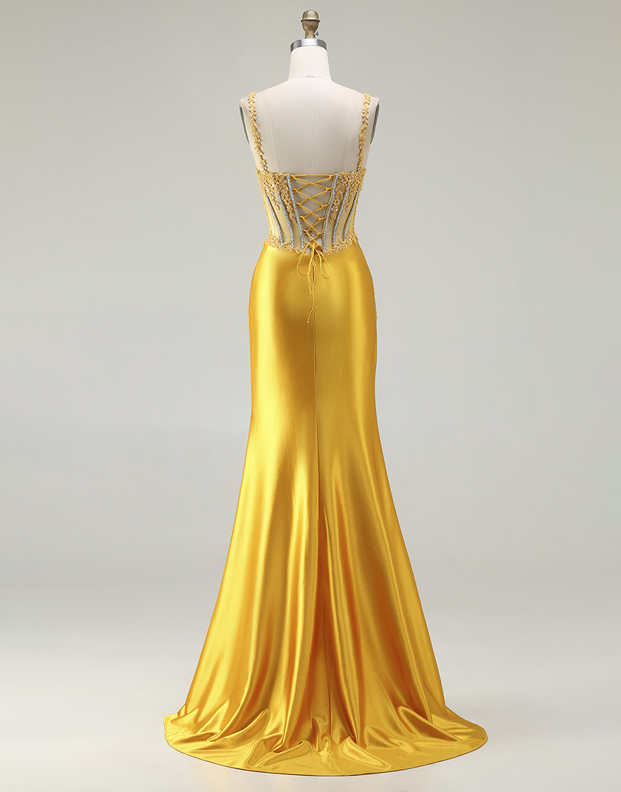 Sparkly Yellow Mermaid Corset Ruched Long Satin Prom Dress with Slit