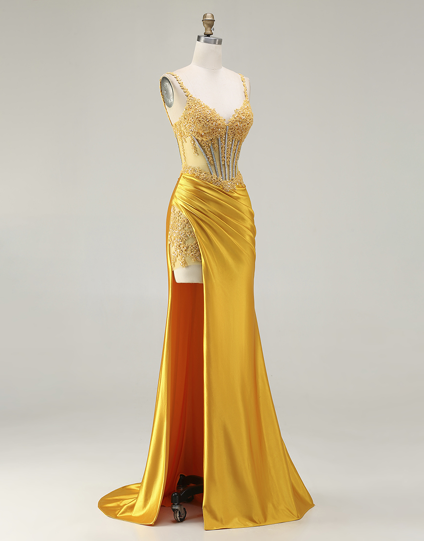 Sparkly Yellow Mermaid Corset Ruched Long Satin Prom Dress with Slit