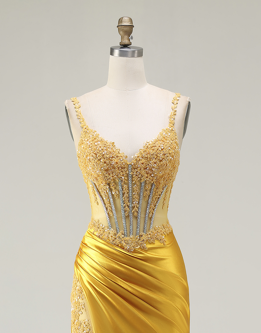 Sparkly Yellow Mermaid Corset Ruched Long Satin Prom Dress with Slit