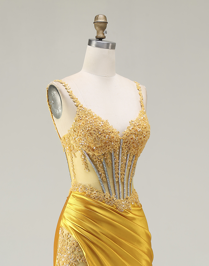 Sparkly Yellow Mermaid Corset Ruched Long Satin Prom Dress with Slit