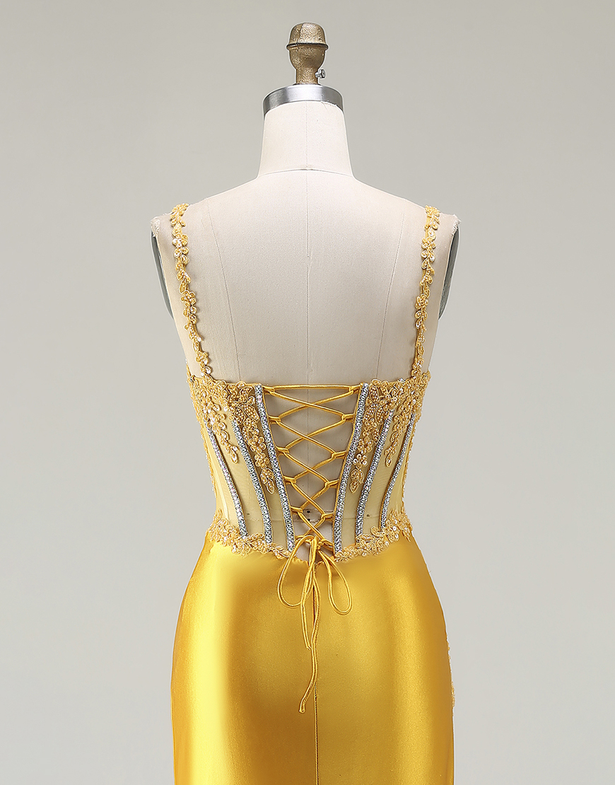 Sparkly Yellow Mermaid Corset Ruched Long Satin Prom Dress with Slit