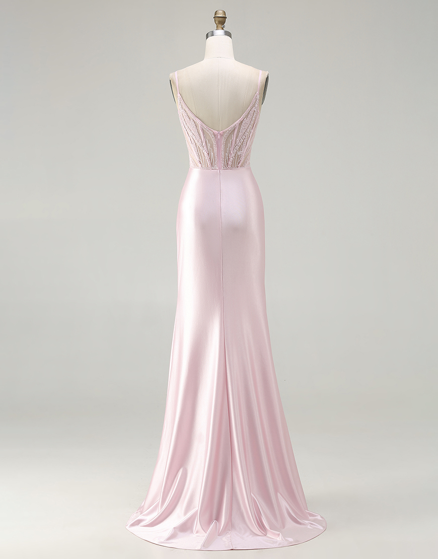 Sparkly Pink Beaded Long Corset Mermaid Satin Prom Dress with Slit