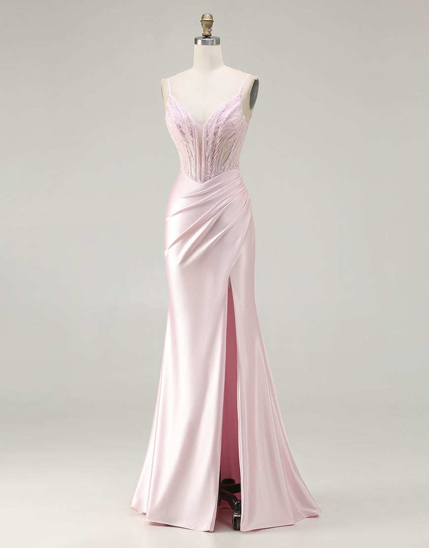 Sparkly Pink Beaded Long Corset Mermaid Satin Prom Dress with Slit